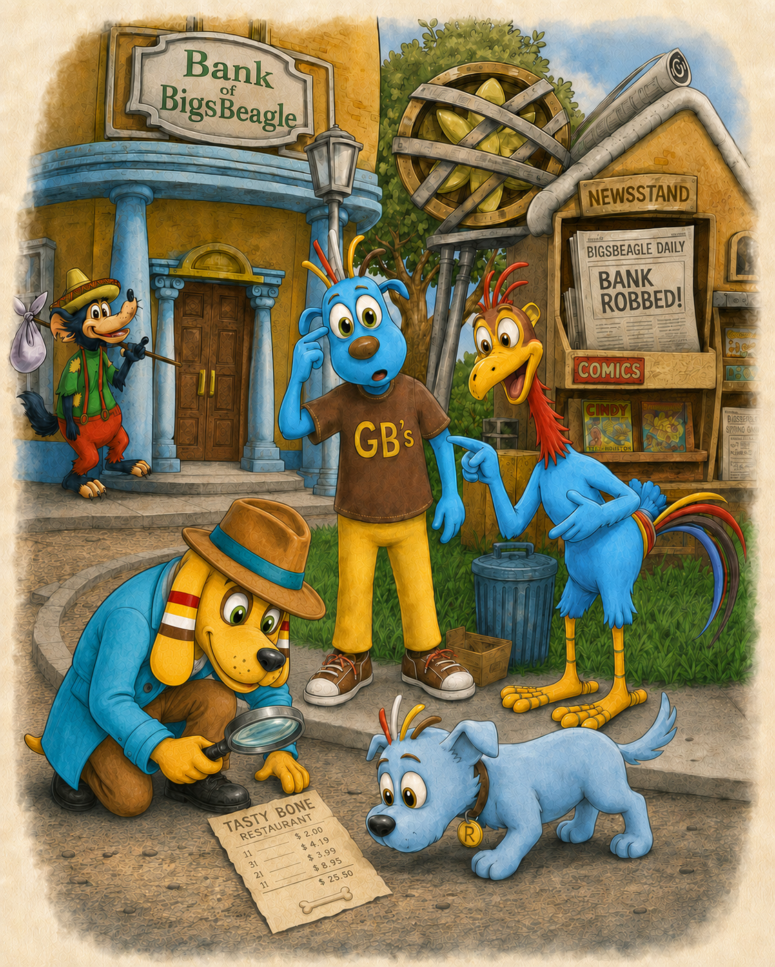 Larry investigates a clue outside the Bank of Bigsbeagle while Whoofsnarf, Wizzy, and Runaway look on, and Laughing Rodriguez slips away in the background